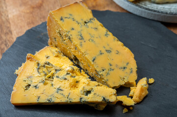 Cheese collection, English cow milk semi-soft, crumbly blue yellow shropshire cheeses close up, cheese tasting on farm