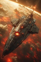 Obraz premium Spaceship flying above a fiery planet, orange glow and detailed spaceship