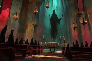 A dark abstract religious scene showing a spectral figure inside the church