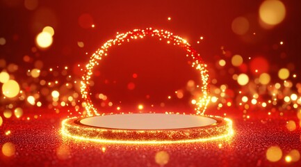 Product showcase on a red-themed exhibition booth with golden particles, perfect for business, commercial celebrations, product launches, and e-commerce events, with ample whitespace background to emp