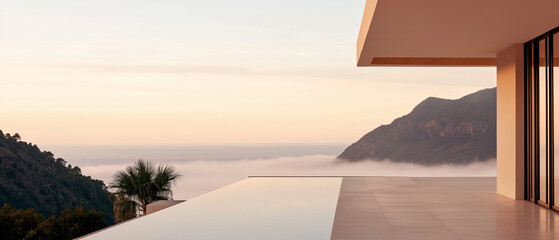 Naklejka premium Beautiful view of the ocean and mountains from a balcony. the balcony is made of concrete and has a modern design with large windows on the right side.