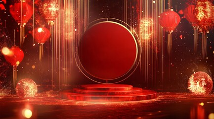 Product showcase on a red-themed exhibition booth with golden particles, perfect for business, commercial celebrations, product launches, and e-commerce events, with ample whitespace background to emp
