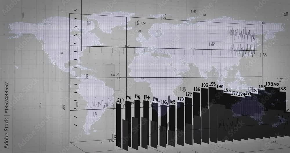 Poster animation of bar graph and line chart illustrating data trends on world map