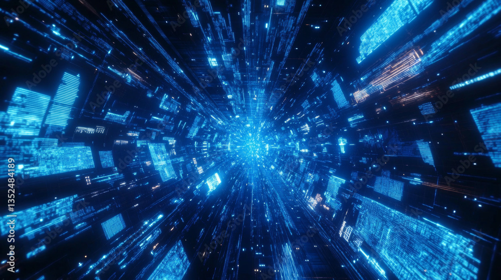 Poster blue digital cyberspace and digital matrix with particles and lighting. digital data network connect