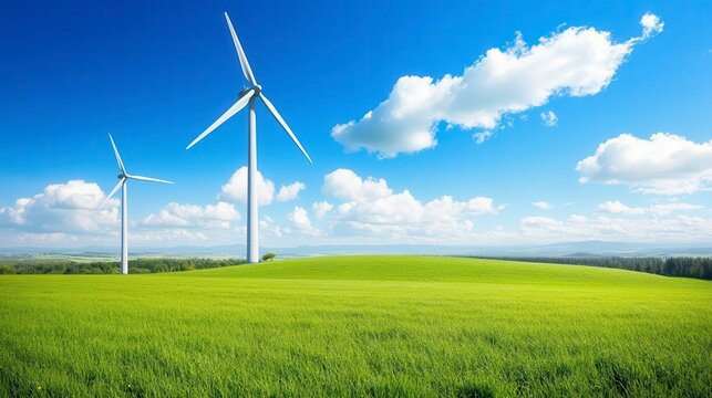 Sustainable Power: Wind turbines gracefully harness the wind's energy on a lush green field beneath a vibrant blue sky.
