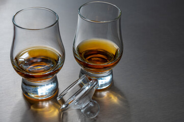 Scotch single malt and blended high quality whisky tasting on distillery in Scotland close up