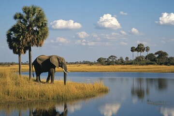 Naklejka premium Wild African Elephant Drinking in Savuti Marsh, Africa