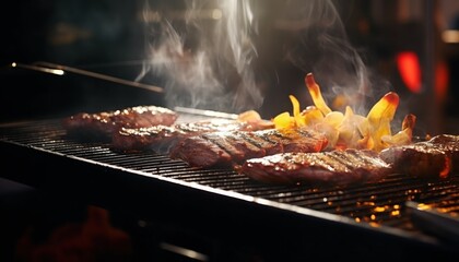 A sizzling barbecue scene featuring perfectly grilled steaks and vibrant vegetables on a smoky grill, with a warm, inviting atmosphere and soft background lighting enhancing the culinary experience