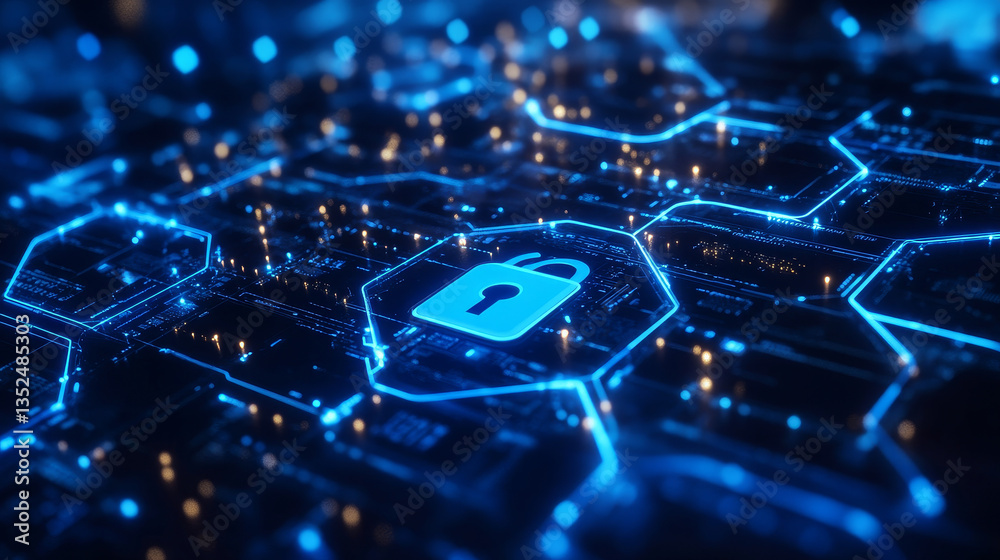 Poster cybersecurity shield icon with a keyhole, displayed on a blue hexagonal grid. ideal for illustrating