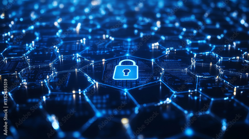 Poster cybersecurity shield icon with a keyhole, displayed on a blue hexagonal grid. ideal for illustrating