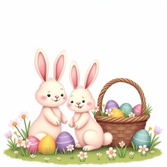 Cute cartoon bunnies with a basket of colorful Easter eggs in a spring meadow. Perfect for Easter, kids projects or holiday designs.