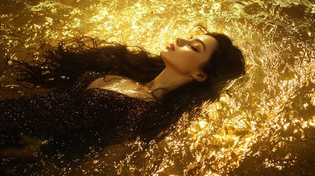 Woman floating peacefully in golden water, eyes closed, bathed in shimmering light, exuding serenity and grace. A moment of pure tranquility.
