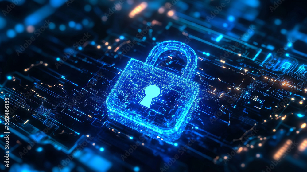 Poster blue padlock icon cyber security of digital data network protection, secure technology blockchain da