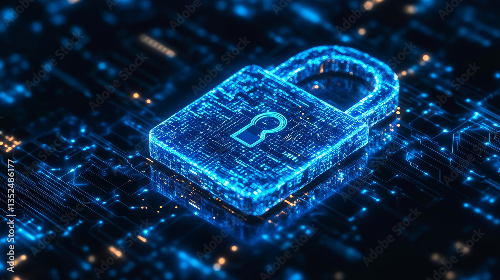 Poster blue padlock icon cyber security of digital data network protection, secure technology blockchain da