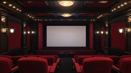 Fototapeta premium Red-themed cinema interior with vibrant decor, plush seating, and a cinematic atmosphere, capturing the essence of a modern movie theater experience with a bold and energetic design.