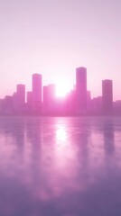 A vibrant pink cityscape reflecting in tranquil water at sunset