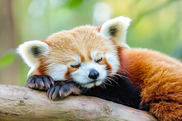 red panda peacefully sleeping on tree branch, showcasing its fluffy tail and serene expression