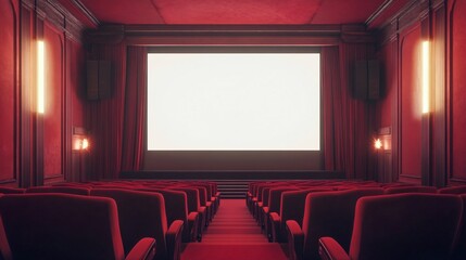 Fototapeta premium Red-themed cinema interior with vibrant decor, plush seating, and a cinematic atmosphere, capturing the essence of a modern movie theater experience with a bold and energetic design.