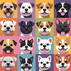 Obraz premium Variety of Dogs,Popular Dog Breeds,Cute and smile dog heads doodle vector set. Comic happy dog faces character design of corgi, beagle and Cute facial expression icon of the dog.