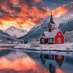 A red church by a lake in snowy mountains at sunset, offering a peaceful and picturesque view. --
