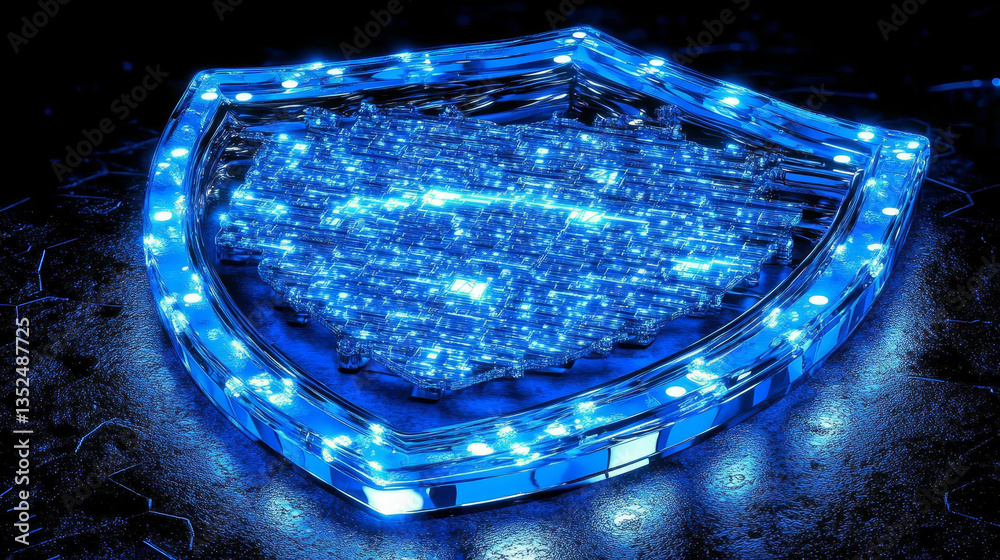 Poster cyber security technology concept shield protection connection big data abstract binary code dark bl