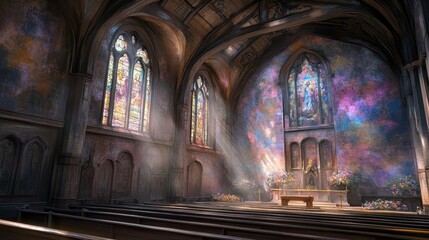 Obraz premium Interior view of a beautiful church with stained glass windows