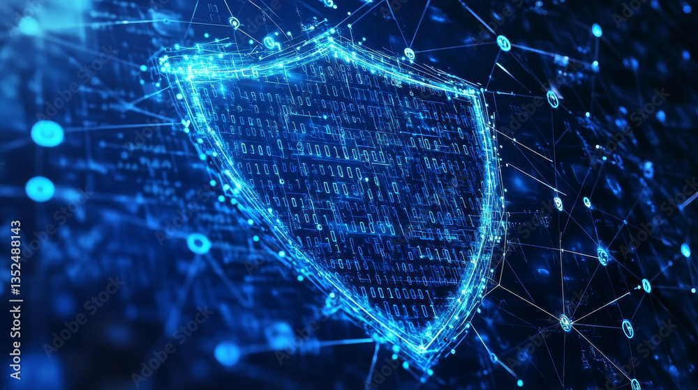 Poster cybersecurity data protection digital technology concept internet network connection. icons and poly