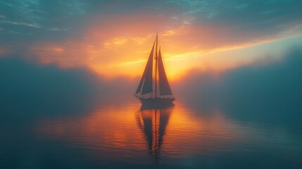Sailboat at sunset, calm sea, foggy atmosphere, reflection.