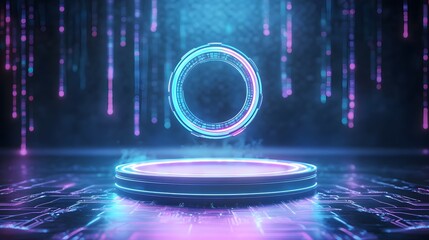 A futuristic 3D podium with a levitating, spinning ring, glowing faintly in a neon-lit cyber world