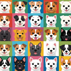 Obraz premium Variety of Dogs,Popular Dog Breeds,Cute and smile dog heads doodle vector set. Comic happy dog faces character design of corgi, beagle and Cute facial expression icon of the dog.