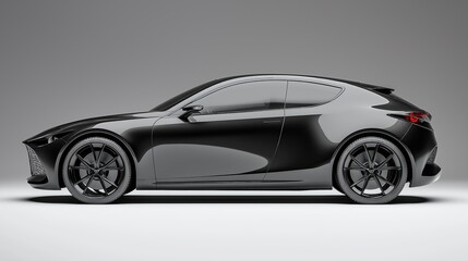 dark gray metallic hatchback car, rendered in photorealistic style with highly reflective surfaces