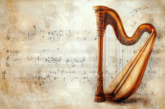 Harp on a light background with notes on old paper. A musical instrument that has a unique sound and elegant appearance. Poster or banner for a harp concert.