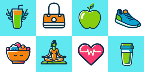 Collection of fitness and healthy lifestyle featuring gym equipment, yoga, and nutritious food options

