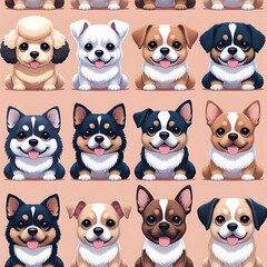Obraz premium Variety of Dogs,Popular Dog Breeds,Cute and smile dog heads doodle vector set. Comic happy dog faces character design of corgi, beagle and Cute facial expression icon of the dog.