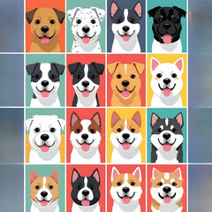 Obraz premium Variety of Dogs,Popular Dog Breeds,Cute and smile dog heads doodle vector set. Comic happy dog faces character design of corgi, beagle and Cute facial expression icon of the dog.
