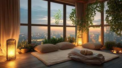 Cozy interior with plants and a city view at sunset.