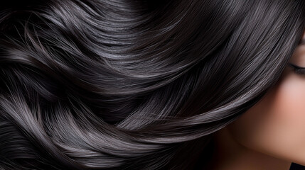 Fototapeta premium Elegant Glossy Black Hair with Natural Waves and Reflective Sheen