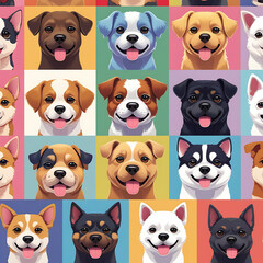Obraz premium Variety of Dogs,Popular Dog Breeds,Cute and smile dog heads doodle vector set. Comic happy dog faces character design of corgi, beagle and Cute facial expression icon of the dog.