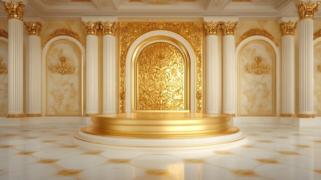 A shiny, golden podium with an intricate baroque pattern, set in a luxurious palace-like interior