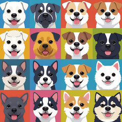 Obraz premium Variety of Dogs,Popular Dog Breeds,Cute and smile dog heads doodle vector set. Comic happy dog faces character design of corgi, beagle and Cute facial expression icon of the dog.