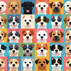 Naklejka premium Variety of Dogs,Popular Dog Breeds,Cute and smile dog heads doodle vector set. Comic happy dog faces character design of corgi, beagle and Cute facial expression icon of the dog.