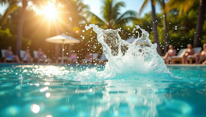 A vibrant splash in a turquoise pool captures the essence of a sunny tropical getaway, with palm trees and lounging guests in the background.