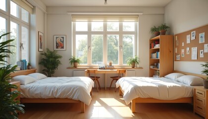 Bright, modern college dorm room with twin beds. Crisp white linens, wooden desks, chairs, bookshelves, cork bulletin board, posters on walls, large windows for natural light. Student housing, campus