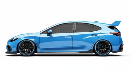 Sky blue hatchback car, rendered in photorealistic style with highly reflective surfaces