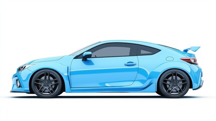 Sky blue hatchback car, rendered in photorealistic style with highly reflective surfaces