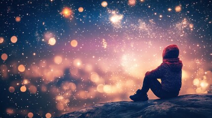 Fototapeta premium Person Watching The Starry Sky Sitting On A Rocky Surface
