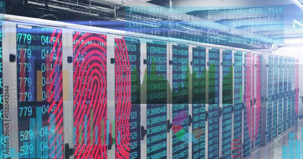 Poster animation of fingerprint and digital data overlaying servers in data center
