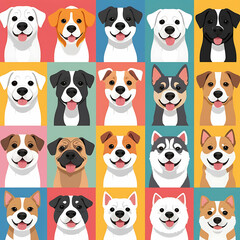 Variety of Dogs,Popular Dog Breeds,Cute and smile dog heads doodle vector set. Comic happy dog faces character design of corgi, beagle and Cute facial expression icon of the dog.