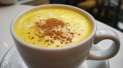 Obraz premium A creamy turmeric latte topped with cinnamon and spices, served in a cozy caf? setting