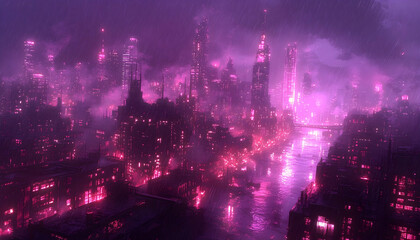 Fototapeta premium Futuristic city skyline illuminated in pink hues during a rainstorm at twilight, showcasing neon lights